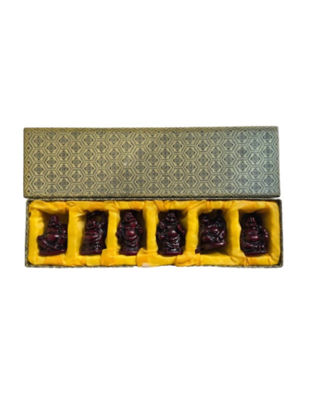 VINTAGE Set 6 Laughing Buddha Mini Statues Dark Red Resin Lucky Figurines in Box